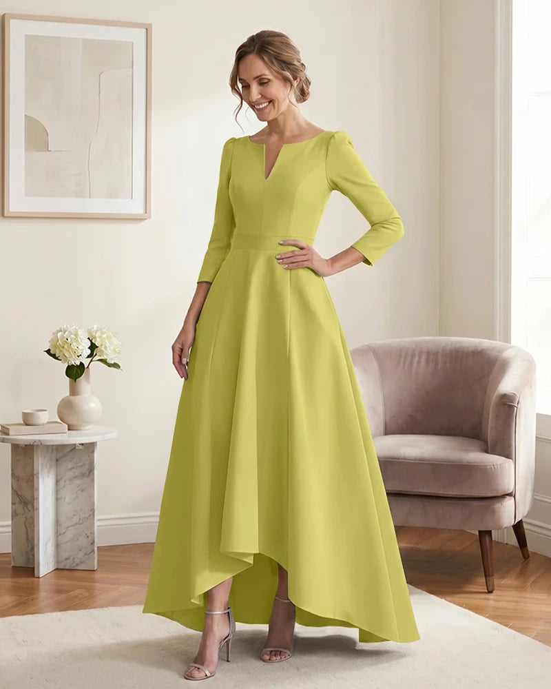 Satin-Mother-of-the-Bride-Dress-with-3/4-Sleeves-and-V-Neck-Lemon-1