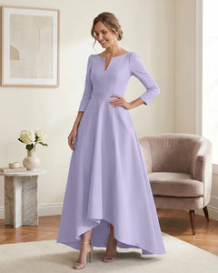 Satin-Mother-of-the-Bride-Dress-with-3/4-Sleeves-and-V-Neck-Lilac-1