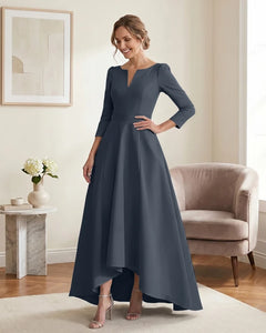 Satin-Mother-of-the-Bride-Dress-with-3/4-Sleeves-and-V-Neck-Navy-Blue-1