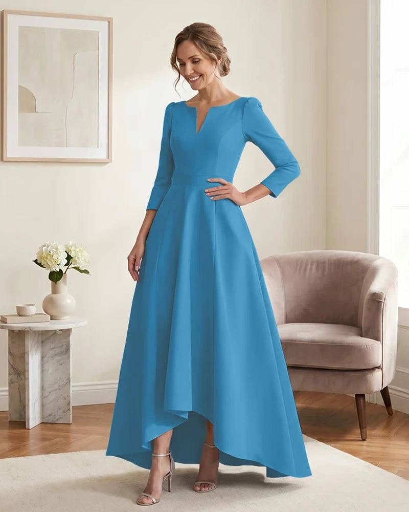 Satin-Mother-of-the-Bride-Dress-with-3/4-Sleeves-and-V-Neck-Ocean-Blue-1