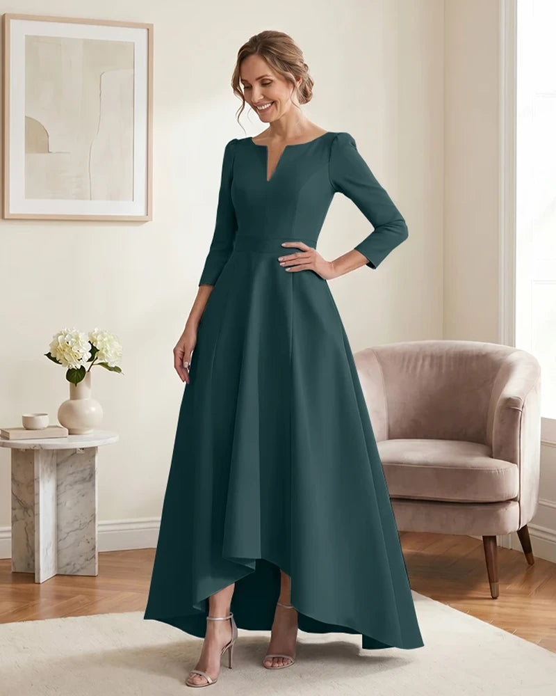 Satin-Mother-of-the-Bride-Dress-with-3/4-Sleeves-and-V-Neck-Peacock-1
