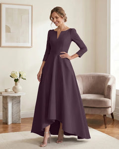 Satin-Mother-of-the-Bride-Dress-with-3/4-Sleeves-and-V-Neck-Plum-1