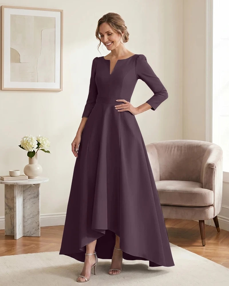Satin-Mother-of-the-Bride-Dress-with-3/4-Sleeves-and-V-Neck-Plum-1