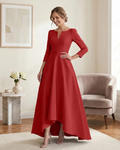 Satin-Mother-of-the-Bride-Dress-with-3/4-Sleeves-and-V-Neck-Red-1