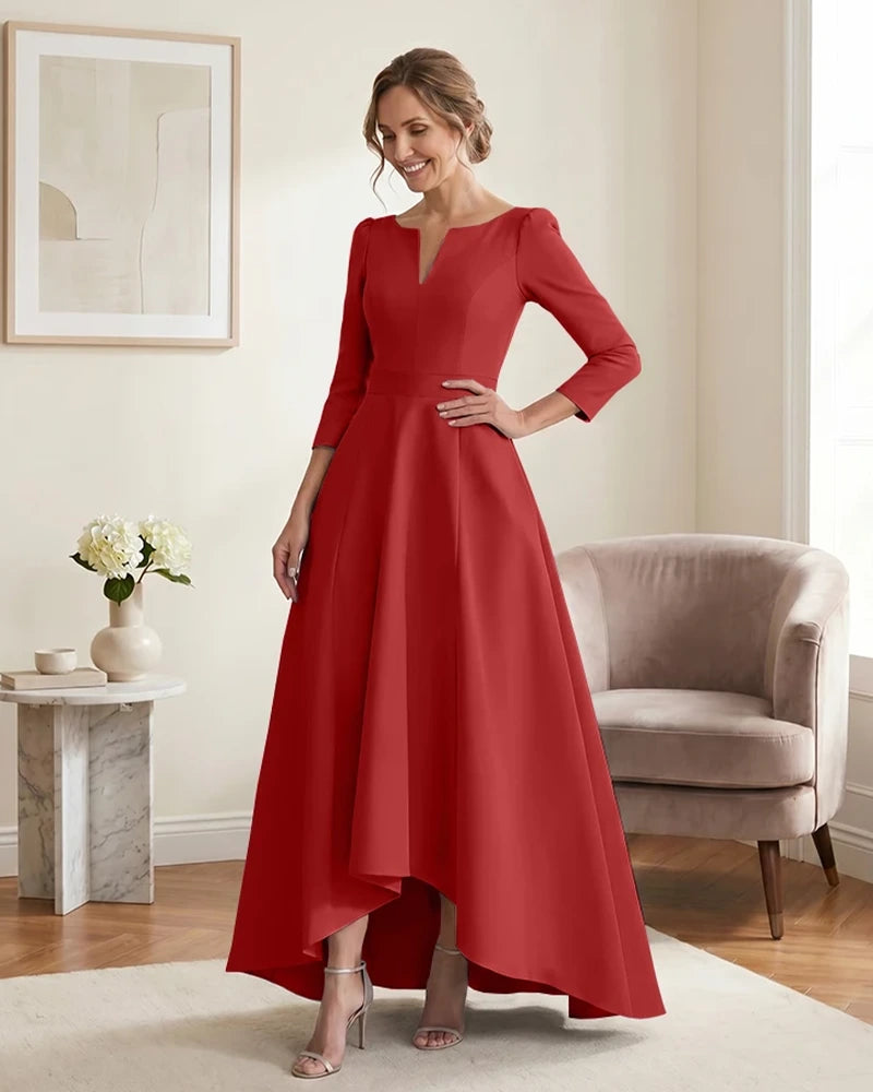 Satin-Mother-of-the-Bride-Dress-with-3/4-Sleeves-and-V-Neck-Red-1