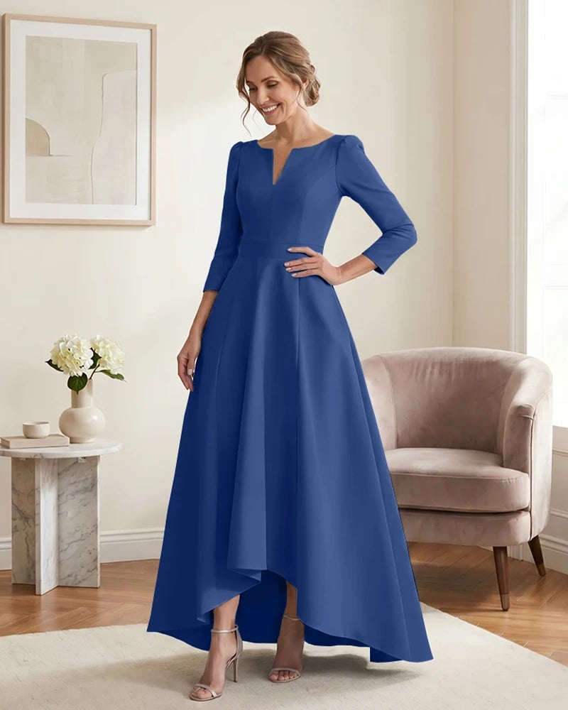 Satin-Mother-of-the-Bride-Dress-with-3/4-Sleeves-and-V-Neck-Royal-Blue-1