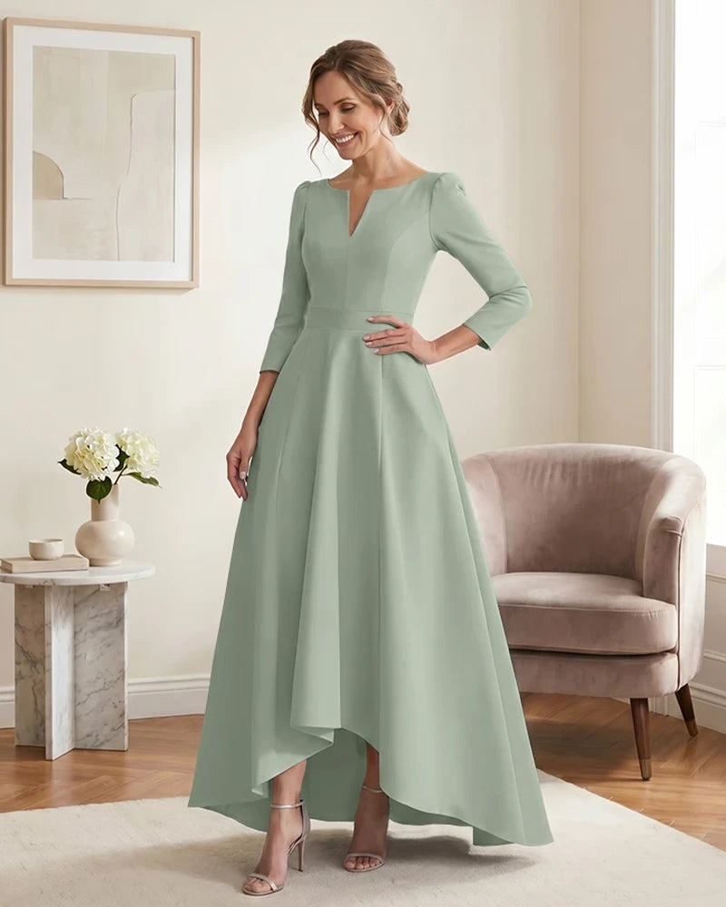Satin-Mother-of-the-Bride-Dress-with-3/4-Sleeves-and-V-Neck-Sage-1