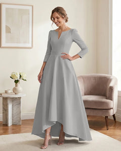 Satin-Mother-of-the-Bride-Dress-with-3/4-Sleeves-and-V-Neck-Silver-1