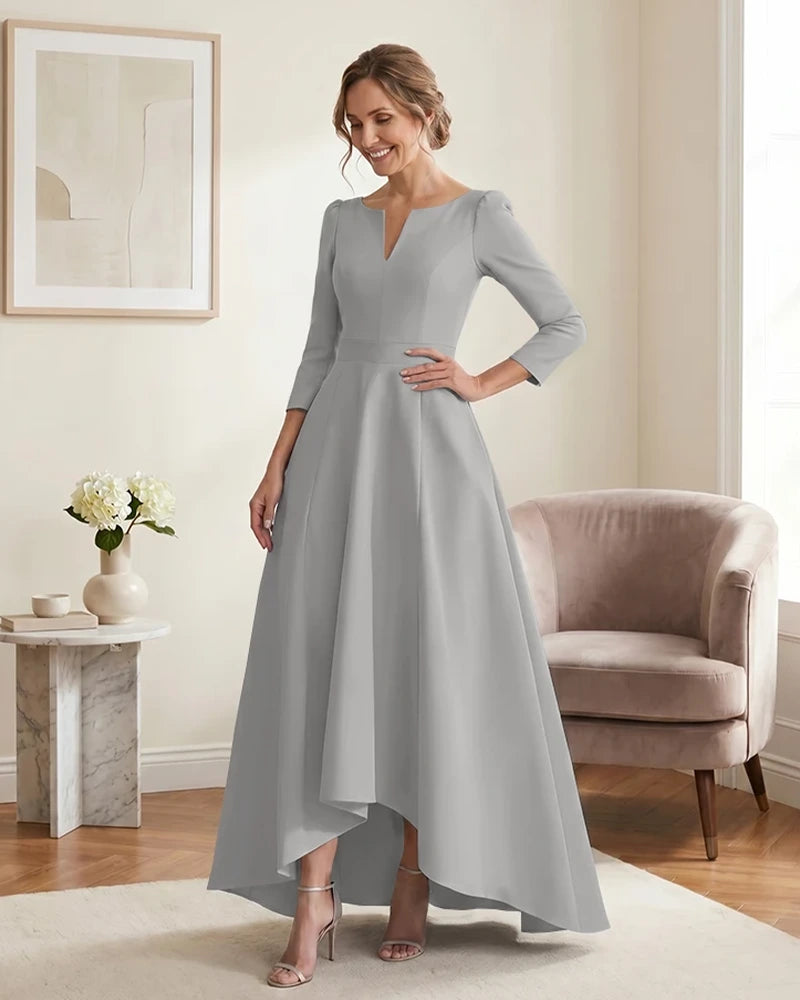 Satin-Mother-of-the-Bride-Dress-with-3/4-Sleeves-and-V-Neck-Silver-1