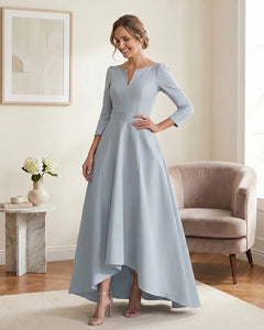 Satin-Mother-of-the-Bride-Dress-with-3/4-Sleeves-and-V-Neck-Sky-Blue-1