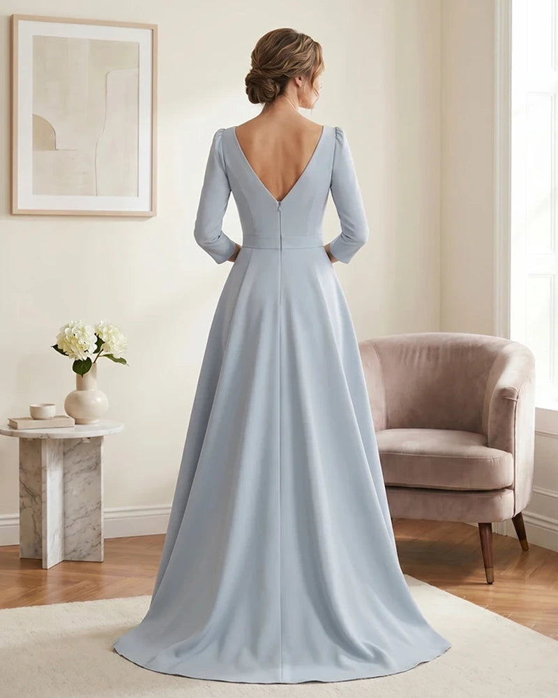 Satin-Mother-of-the-Bride-Dress-with-3/4-Sleeves-and-V-Neck-Sky-Blue-2