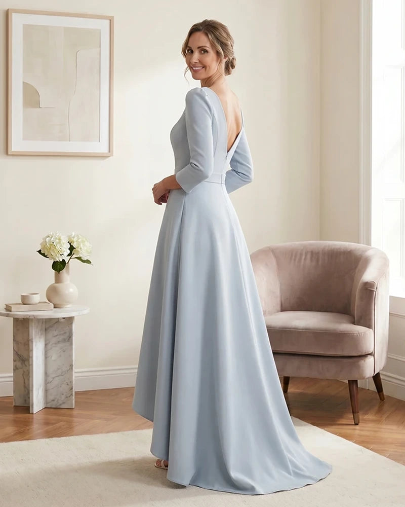 Satin-Mother-of-the-Bride-Dress-with-3/4-Sleeves-and-V-Neck-Sky-Blue-3