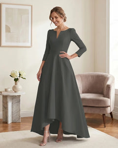 Satin-Mother-of-the-Bride-Dress-with-3/4-Sleeves-and-V-Neck-Steel-Grey-1