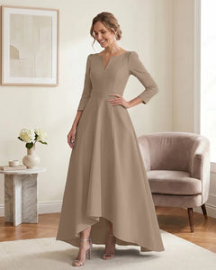 Satin-Mother-of-the-Bride-Dress-with-3/4-Sleeves-and-V-Neck-Taupe-1