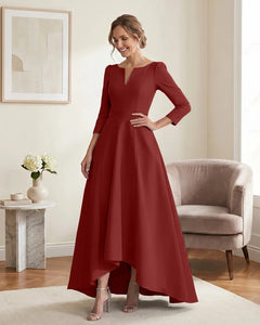 Satin-Mother-of-the-Bride-Dress-with-3/4-Sleeves-and-V-Neck-Terracotta-1
