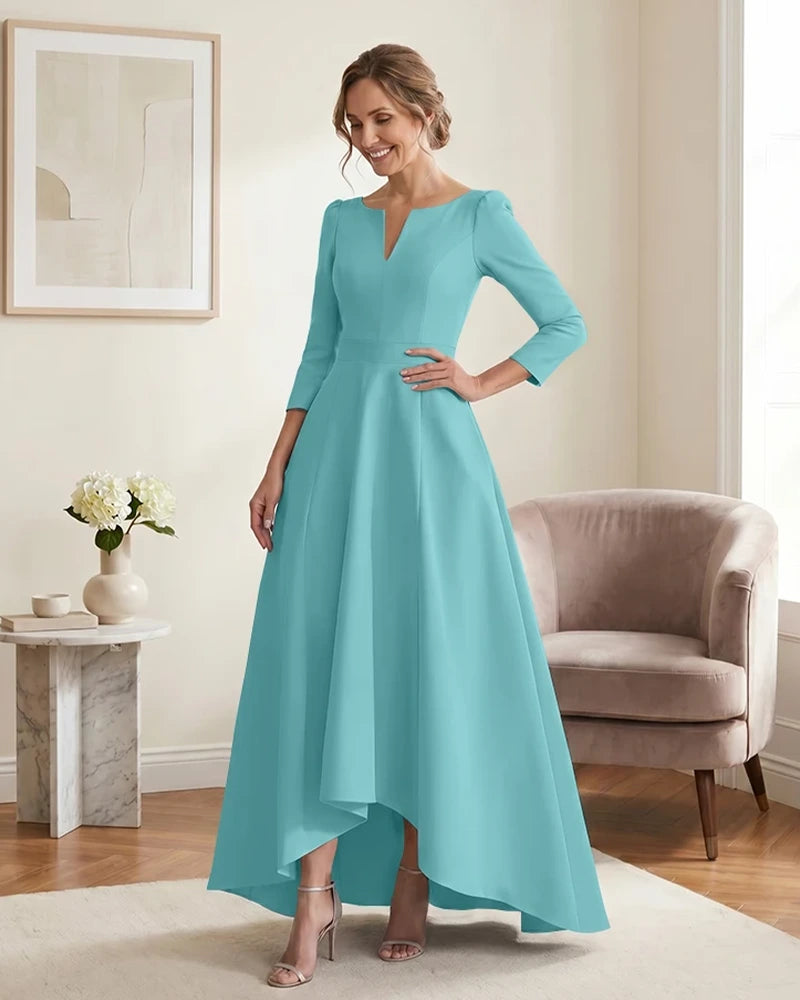 Satin-Mother-of-the-Bride-Dress-with-3/4-Sleeves-and-V-Neck-Turquoise-1