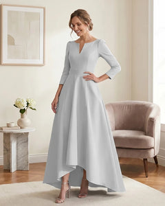 Satin-Mother-of-the-Bride-Dress-with-3/4-Sleeves-and-V-Neck-White-1