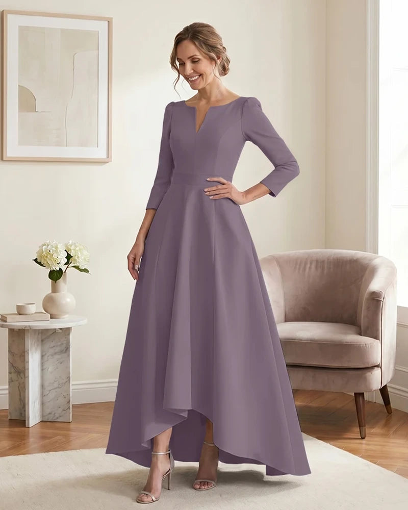 Satin-Mother-of-the-Bride-Dress-with-3/4-Sleeves-and-V-Neck-Wisteria-1