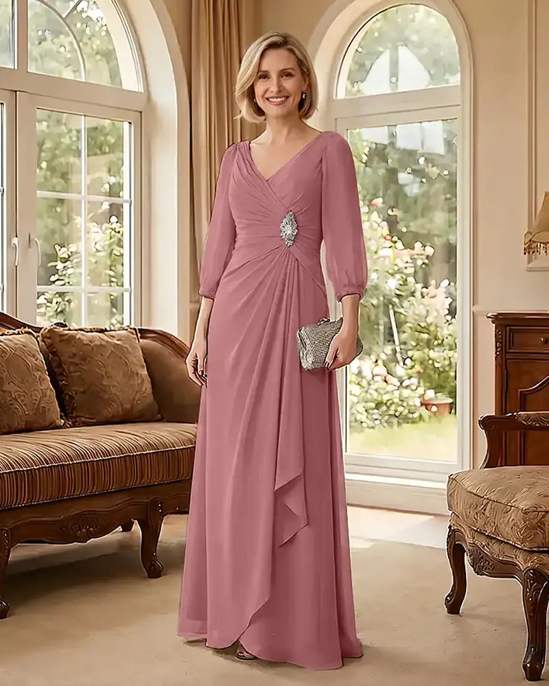 Deep V Neck Flowy  Mother of Bride Dress