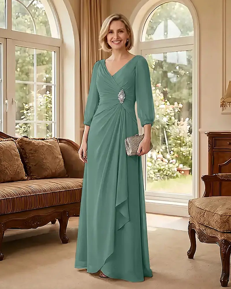 Deep V Neck Flowy  Mother of Bride Dress