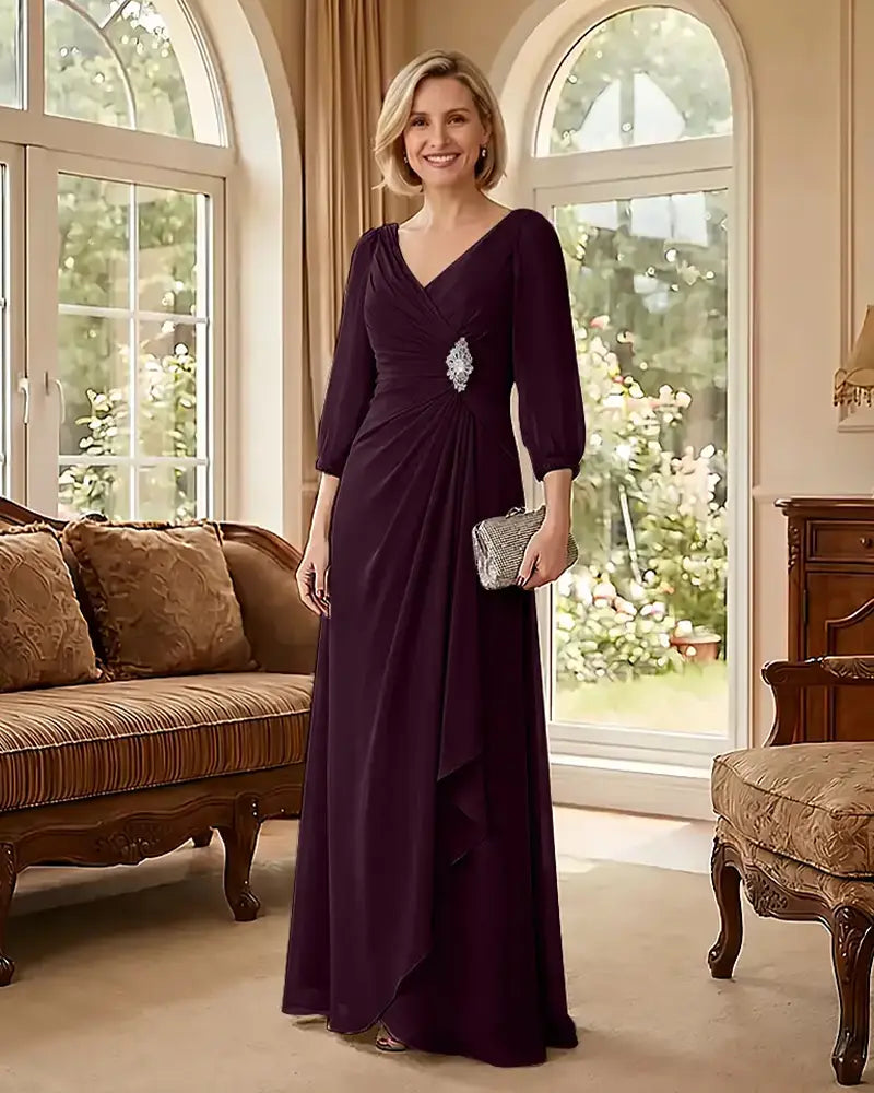 Deep V Neck Flowy  Mother of Bride Dress