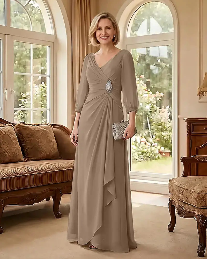 Deep V Neck Flowy  Mother of Bride Dress