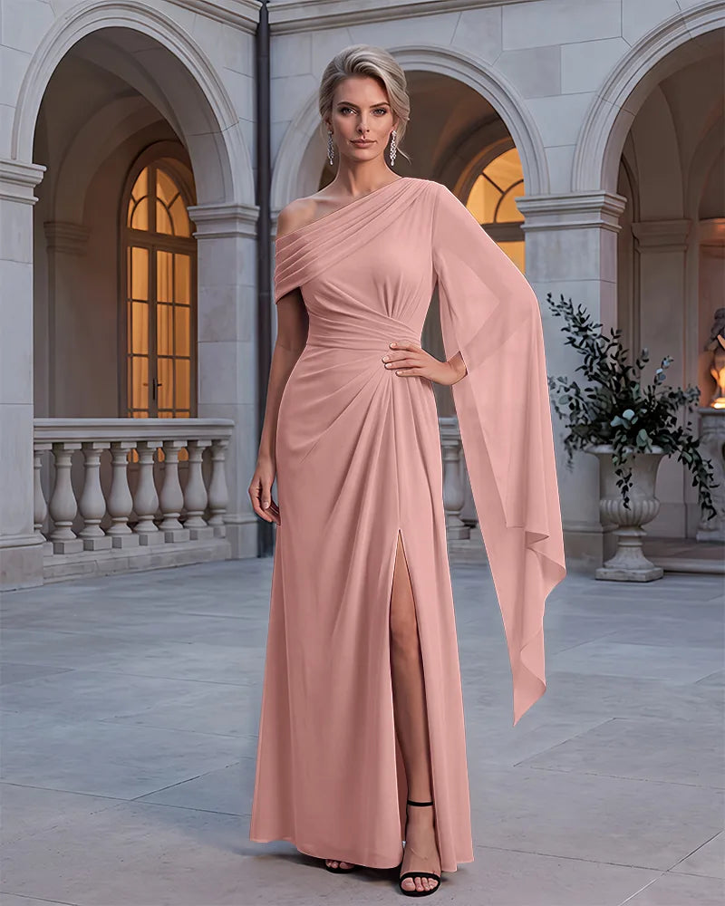 One Shoulder Chiffon Ruched Slit Mother of the Bride Dress