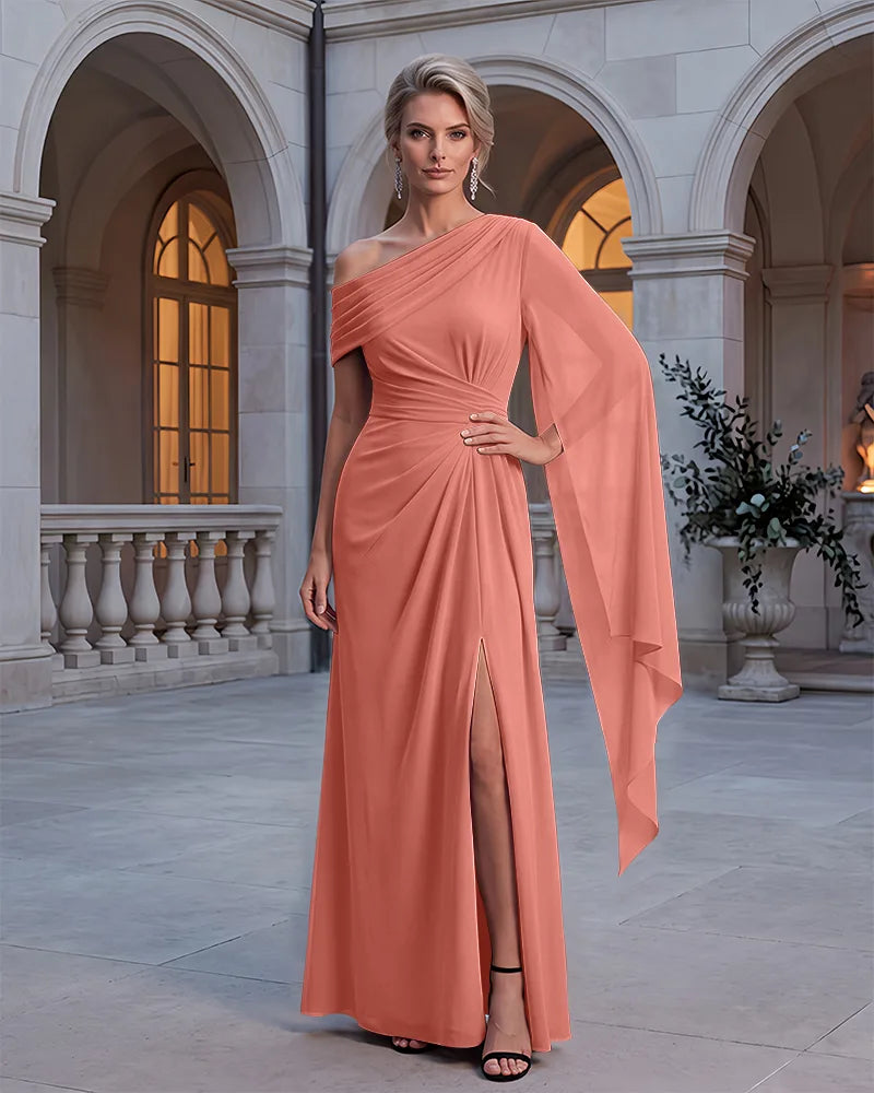 One Shoulder Chiffon Ruched Slit Mother of the Bride Dress
