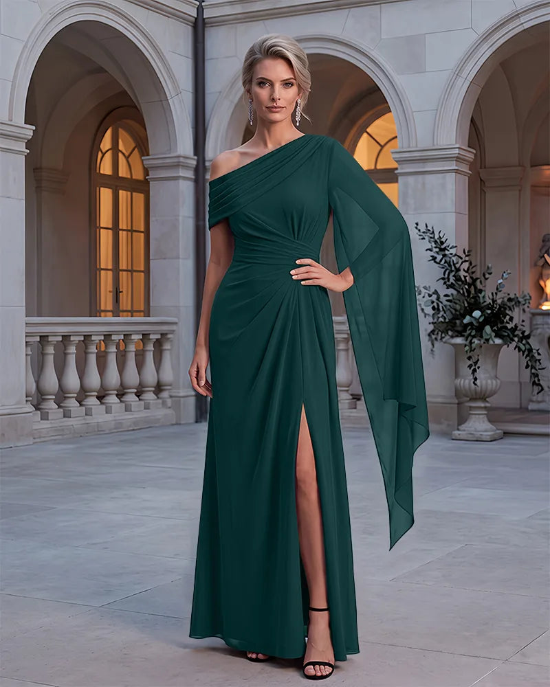 One Shoulder Chiffon Ruched Slit Mother of the Bride Dress