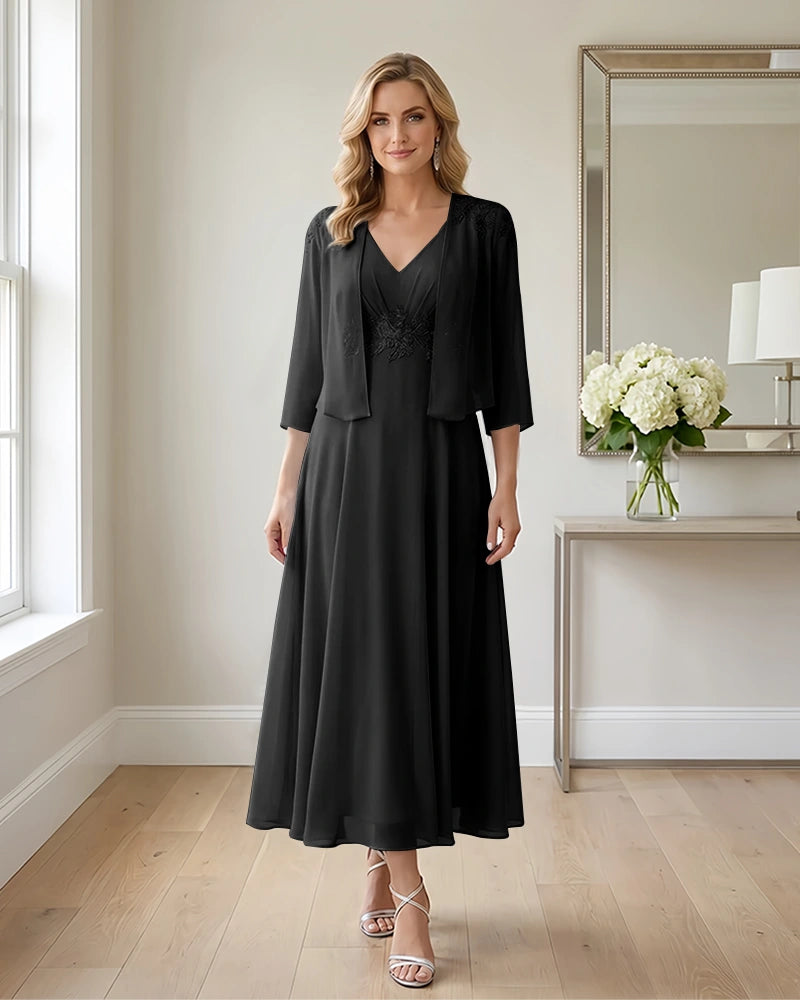 Two-Piece-Embroidered-Shrug-Chiffon-Mother-of-the-Bride-Dress-Black-1