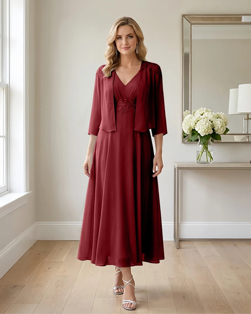 Two-Piece Embroidered Shrug Chiffon Mother of the Bride Dress