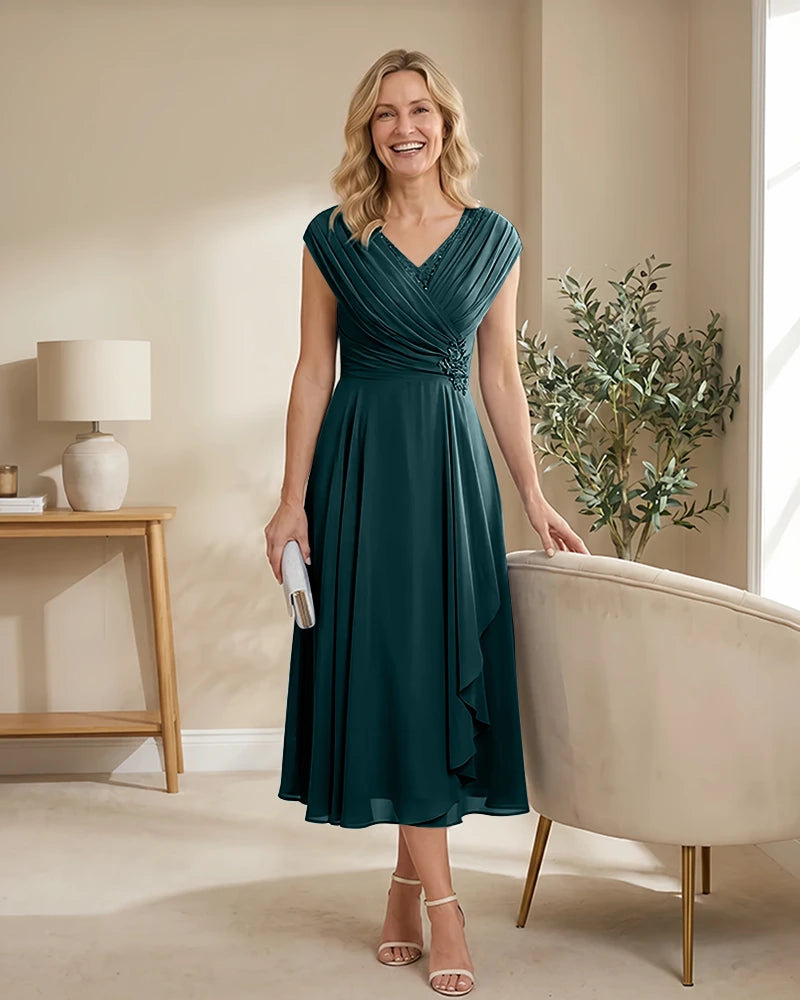Chiffon-Mother-of-the-Bride-Dress-with-V-Neck-and-Cap-Sleeves-Peacock-1