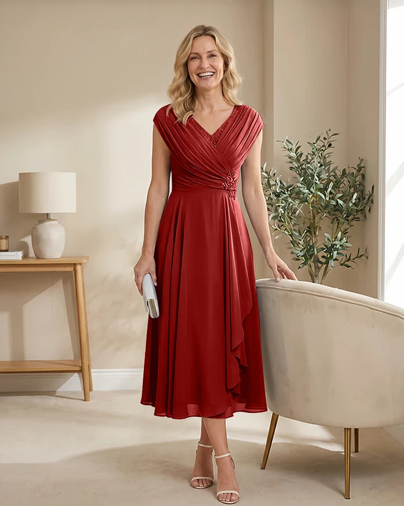 Chiffon-Mother-of-the-Bride-Dress-with-V-Neck-and-Cap-Sleeves-Red-1