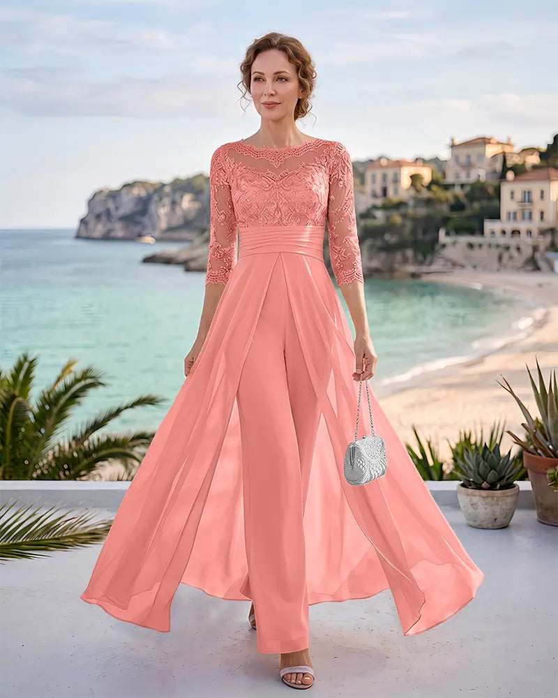 Illusion Neck Beaded Lace Mother of the Bride Jumpsuit