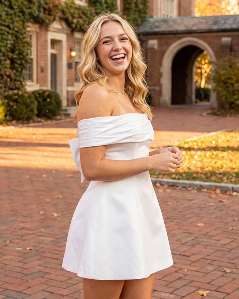 Off Shoulder Satin Mini Dress with Back Bow