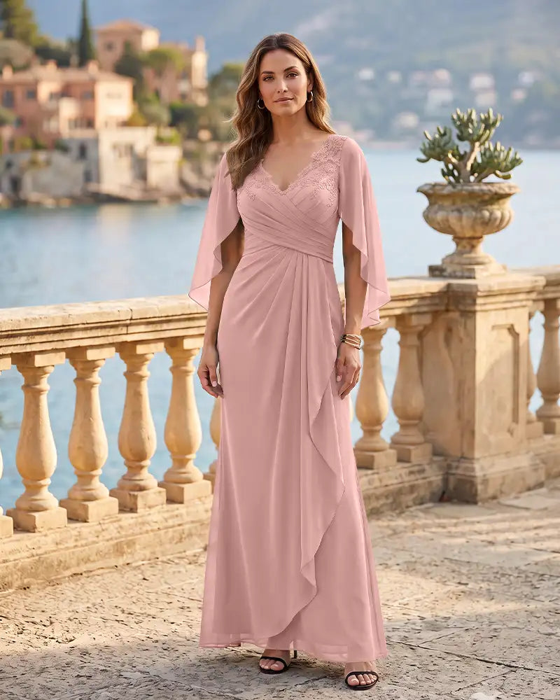 Chiffon Cape Sleeve Mother of the Bride Dress with Draped Skirt