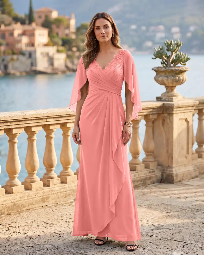 Chiffon Cape Sleeve Mother of the Bride Dress with Draped Skirt
