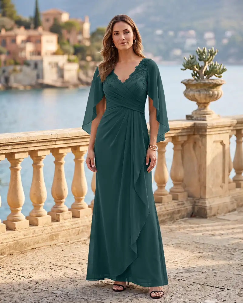 Chiffon Cape Sleeve Mother of the Bride Dress with Draped Skirt