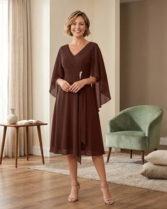 Tea-Length-Chiffon-Mother-of-the-Bride-Dress-with-V-Neck-Brown-1