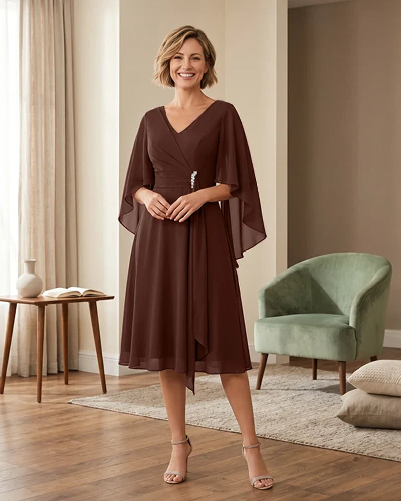 Tea-Length-Chiffon-Mother-of-the-Bride-Dress-with-V-Neck-Brown-1