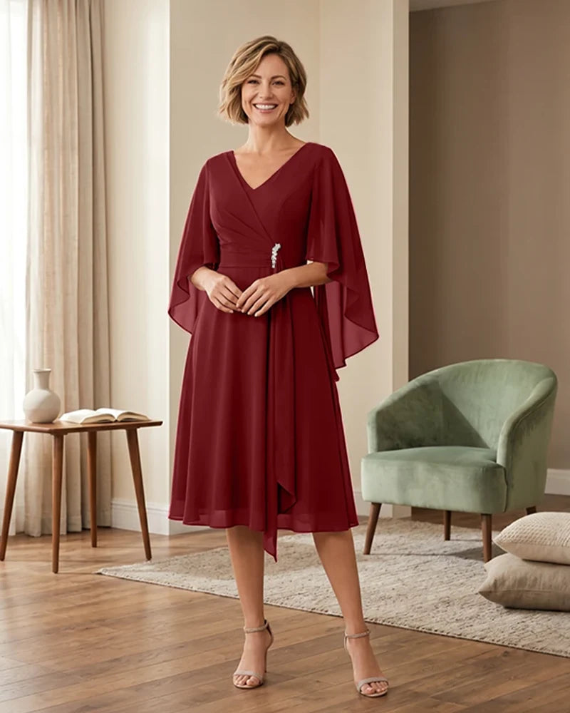 Tea-Length-Chiffon-Mother-of-the-Bride-Dress-with-V-Neck-Burgundy-1