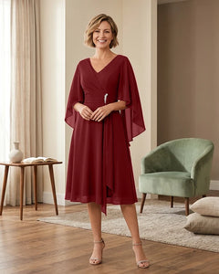 Tea-Length-Chiffon-Mother-of-the-Bride-Dress-with-V-Neck-Burgundy-1