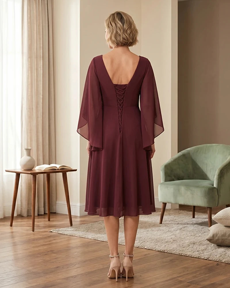 Tea-Length-Chiffon-Mother-of-the-Bride-Dress-with-V-Neck-Burgundy-2