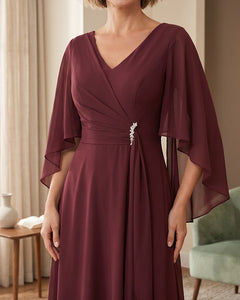 Tea-Length-Chiffon-Mother-of-the-Bride-Dress-with-V-Neck-Burgundy-4