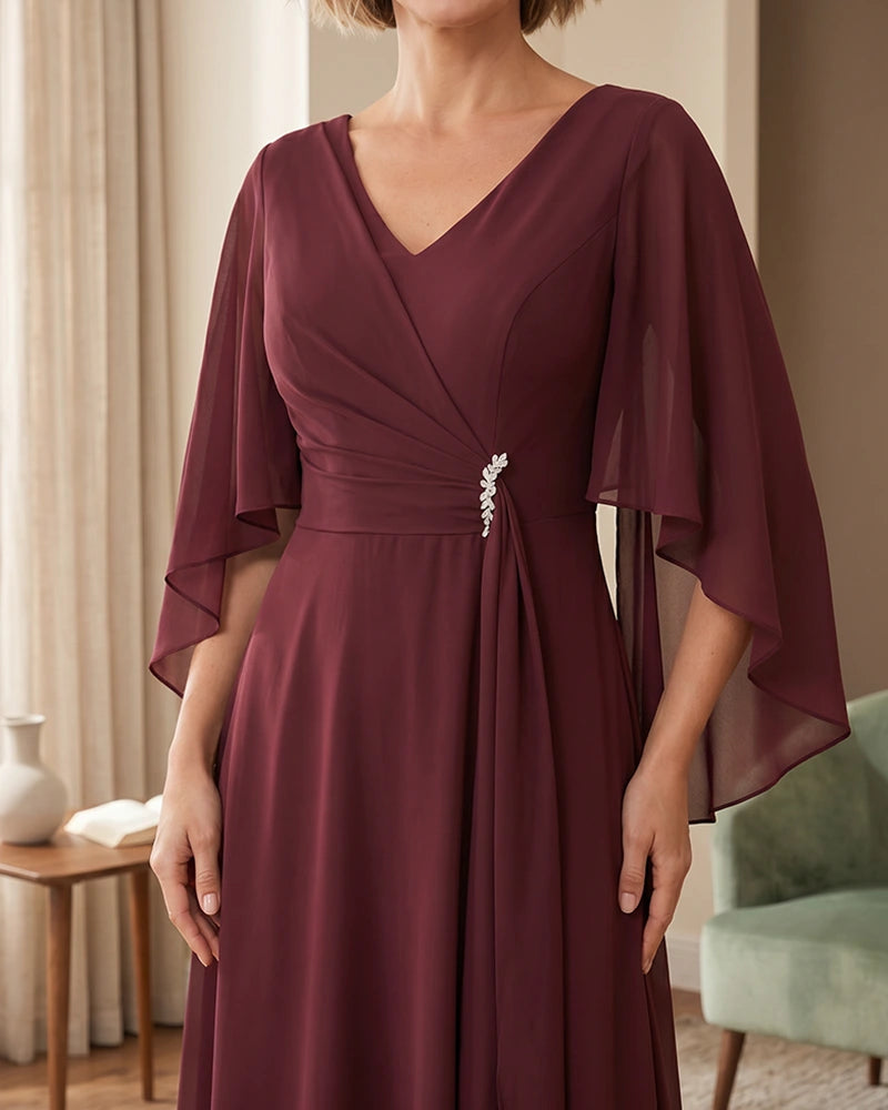Tea-Length-Chiffon-Mother-of-the-Bride-Dress-with-V-Neck-Burgundy-4