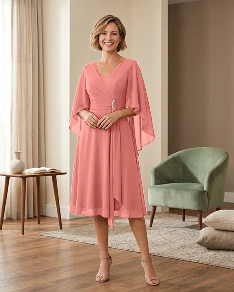 Tea-Length-Chiffon-Mother-of-the-Bride-Dress-with-V-Neck-Coral-1