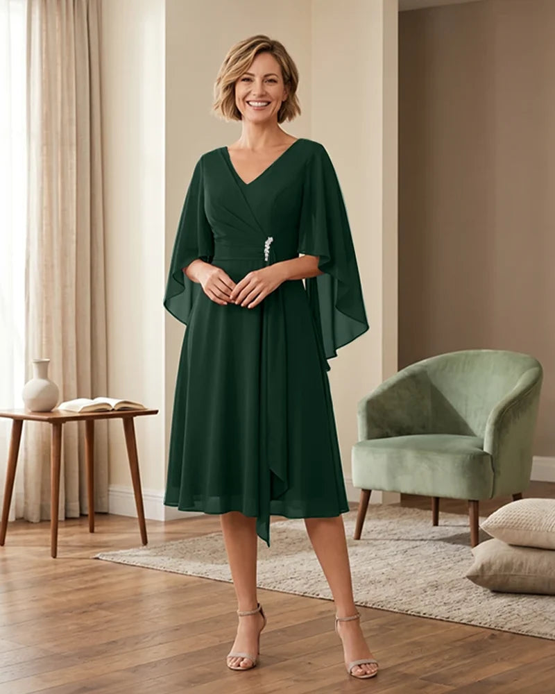Tea-Length-Chiffon-Mother-of-the-Bride-Dress-with-V-Neck-Emerald-1