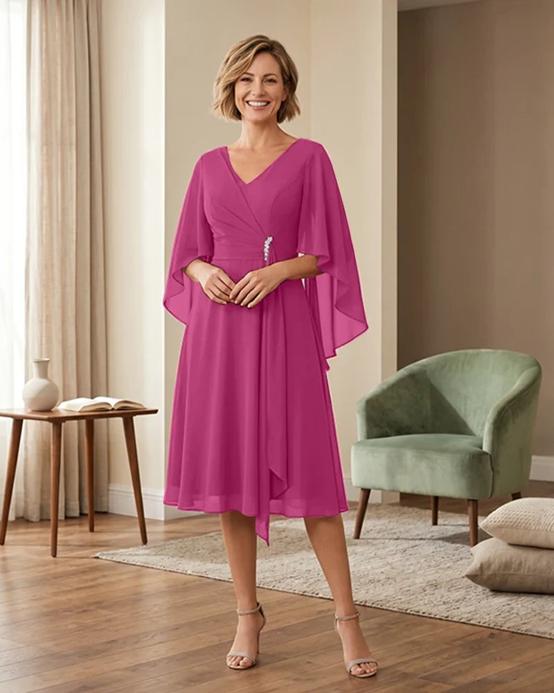 Tea-Length-Chiffon-Mother-of-the-Bride-Dress-with-V-Neck-Fuchsia-1