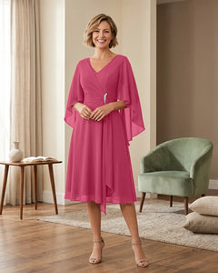 Tea-Length-Chiffon-Mother-of-the-Bride-Dress-with-V-Neck-Hot-Pink-1