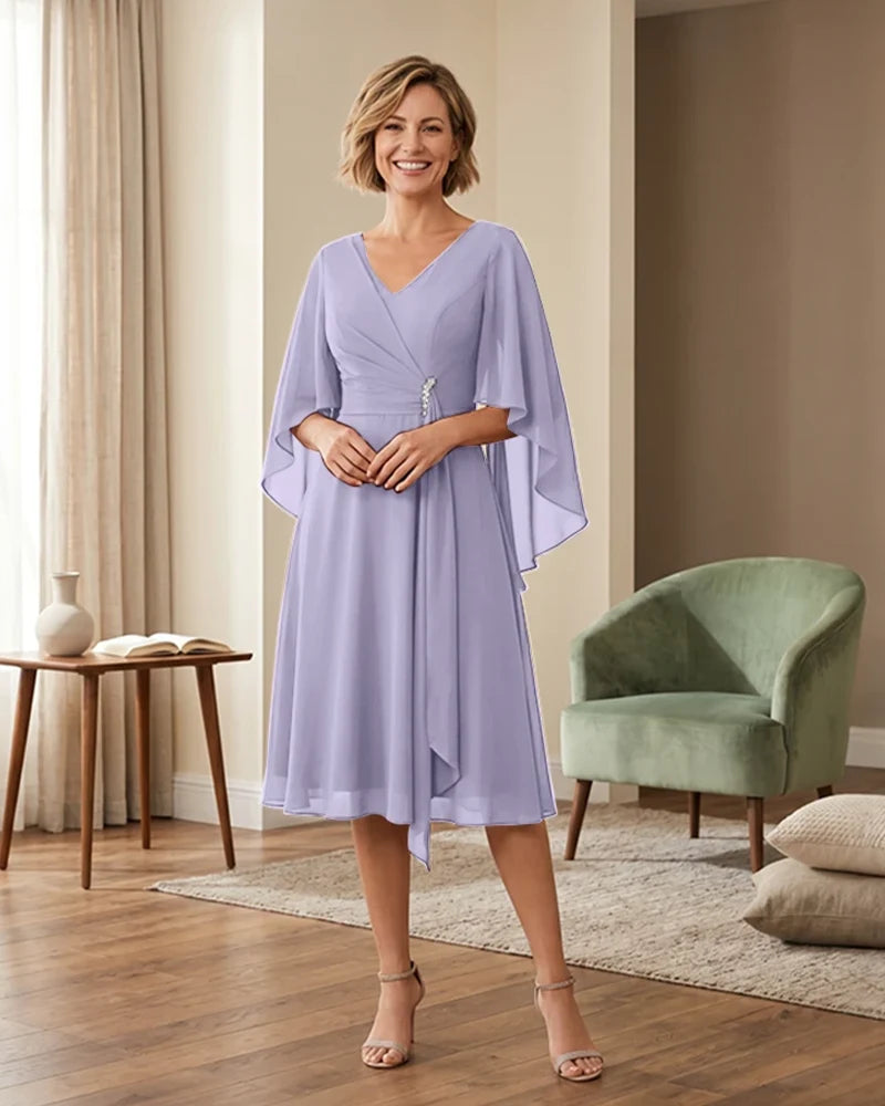 Tea-Length-Chiffon-Mother-of-the-Bride-Dress-with-V-Neck-Lilac-1